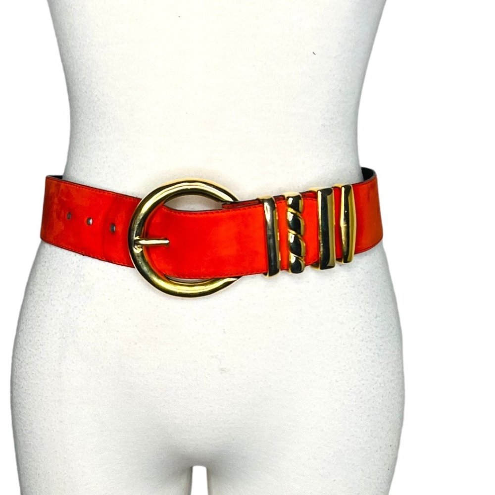 Escada 80's Leather Suede & Gilt Brass Color Block Two-Tone Vintage Belt - Picture 3 of 12